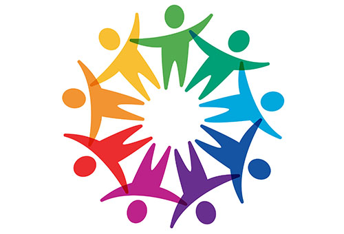 Support group graphic, multicolored figures arranged in a circle.