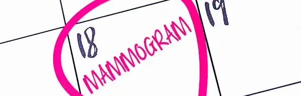 Calendar with a day circled and the word mammogram written in it.