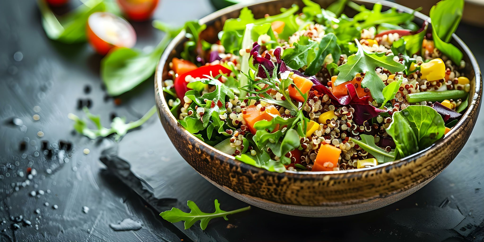 A bowl with quinoa, greens, butternut squash, and other vegetables.