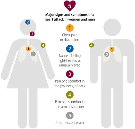 Major signs and symptoms of a heart attack in women and men
