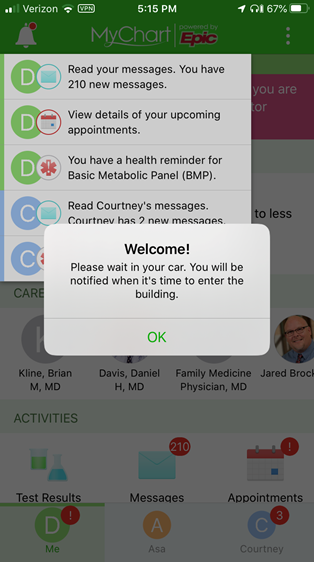 MyChart Hello Patient screen -